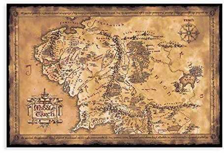 Filmposter, Motiv: Der Hobbit, der Herr der Ringe, Karte der Mittelerde, limitierte dunkle Sepia Edition. 1 Poster, dekoratives Gemälde, Leinwand, Wandkunst, Wohnzimmer, Poster, Schlafzimmer,