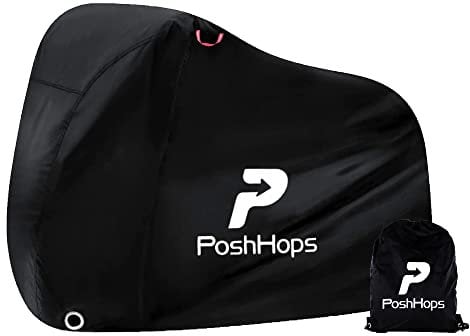 Posh Hops Bike Cover - Waterproof, Heavy Duty, Dustproof, Rain Protection, Safety Lock Holes for 2 Bikes - Black, Polyester/Nylon, UV Coated, Double Stitched, Elastic & Buckle Closure