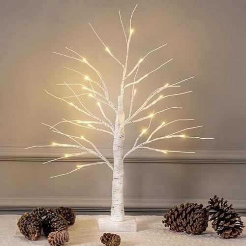Festive Fix Birch Twig Tree – 2ft Tabletop Christmas Tree with Warm White LED Lights, Battery-Powered Indoor Décor, Bendable Branches for Indoor Holiday Decorations