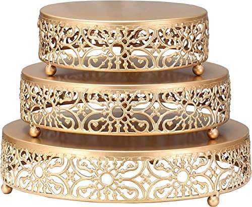 MEETOZ Juego de 3 soportes redondos de metal para tartas, postres, pasteles, dulces, bodas, eventos, fiestas de cumpleaños (dorado)