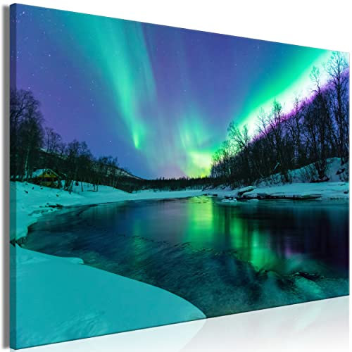 decomonkey Akustikbild Polarlicht 90x60 cm 1 Teilig Leinwand Modern Bilder Wandbilder XXL Schallschlucker Schallschutz Akustikdämmung Wandbild Deko Leise Nordlichter Nachthimmel Aurora Grün Blau