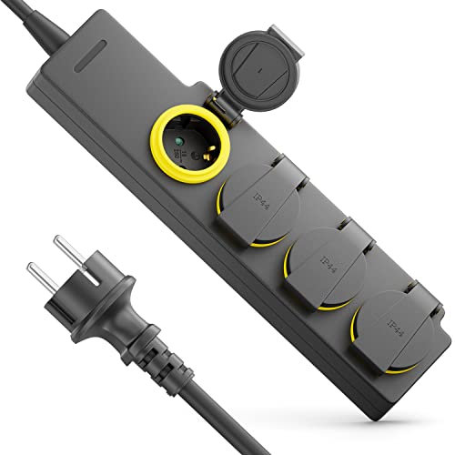 deleyCON 4 Fach Outdoor Steckdosenleiste Stromleiste mit 5m Kabel für Außenbereich 4X Schutzkontaktbuchsen IP44 Spritzwassergeschützt Garten Terrasse Balkon Keller Garage