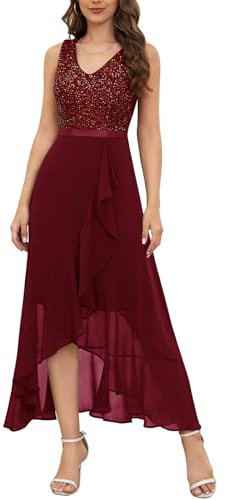 Berylove Paillettenkleid Abendkleider Elegant Cocktailkleid Damen Elegant Ballkleider Abschlusskleid Vorne Kurz Hinten Lang BLS0015 Burgundy L