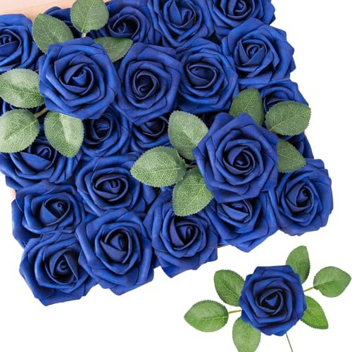 N&T NIETING Künstliche Blumen Rosen, 25 Stück Real Touch Rose Deko Blumen Fake Rosen für DIY Hochzeitssträuße Brautdusche Tafelaufsätze Blumenarrangements Partytische Heimdekorationen, Marineblau