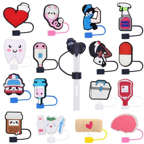 Nurse Straw Covers Caps, 16 pcs Straws Covers, Reusable Medical Straw Covers for Cup, Silicone Drinking Straw Cap for Doctor Nurse Hospital