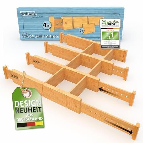 fredewerk® Schubladentrenner verstellbar und besonders möbelschonend - designgeschützter Bambus Schubladen Trenner für Küche und Haushalt - Schubladenteiler und Organizer für Schublade