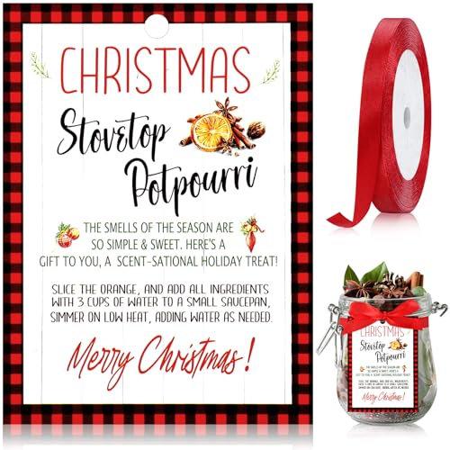 Fuyoooo 50 Pcs Christmas Stovetop Potpourri Simmer Instruction Cards Stovetop Potpourri Paper Tags with Ribbon Xmas Potpourri Instruction Gift Label for Holiday Teacher Neighbor Gift(Farmhouse Style)