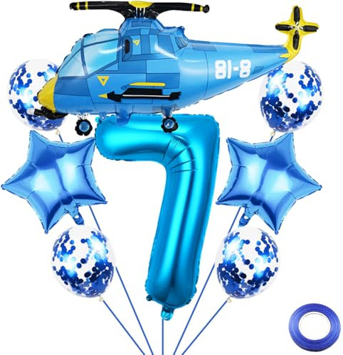 Liitata 7. Hubschrauber Geburtstags Party Deko Aeroplane Geburtstag Luftballon Set Blau Zahl 7 Folienballon Großes Hubschrauber Luftballon für Junge Geburtstag Party Deko