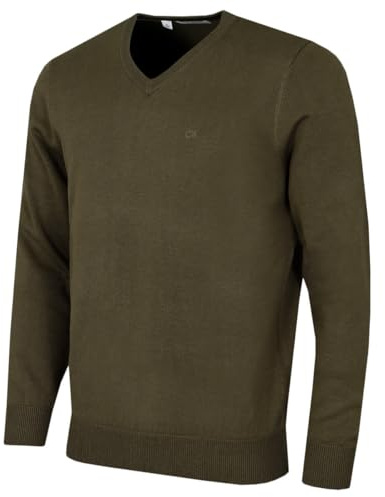 Calvin Klein Mens V-Neck Soft Cotton Sweater - Dusty Olive - S