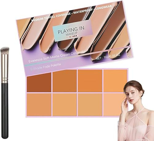 Evanesce Soft Matte Cream Concealer, 8-Farben-Fade-Palette mit Pinsel, wasserfeste, vollständig abdeckende Creme für Hautunreinheiten und Abdeckung, langlebig, leicht, formelsicher (Medium Colour)