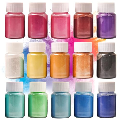 DEWEL Mica Powder for Resin, 15 Colors Pearlescent Pigment, 10g/0.35oz Each | Mica Pigment Powder with 10g each bottle for Soap Making, Candle Making, Slime, Eye Shadow, Jewellery, Art Crafts and Nails