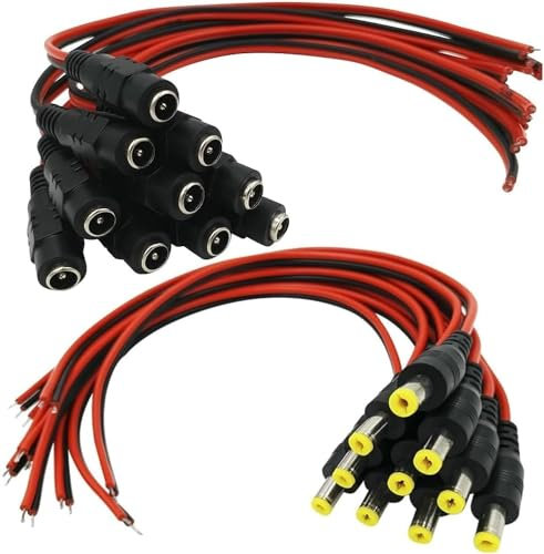 DC Power Pigtail Kabel, 10 Paar CCTV Security Camera DC Power Pigtail Stecker & Buchse Kabel mit 2,1 mm x 5,5 mm Steckern (10 Paar, männlich & weiblich)
