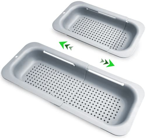 Komzon Passoire extensible sur l'évier, panier rétractable pour laver les légumes et les fruits, passoires alimentaires pour égoutter les pâtes et les plats secs, passoires pliables en plastique pour