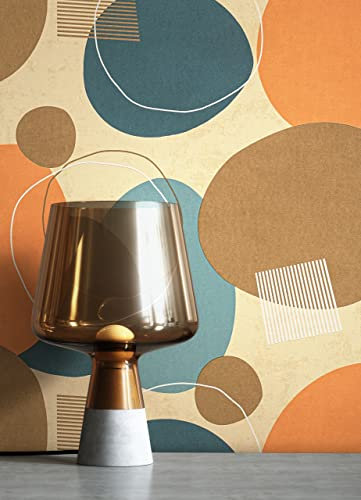NEWROOM Tapete Orange Vliestapete Kreise - Mustertapete Retro Blau Braun Grafik Muster Mid Century inkl. Tapezier-Ratgeber
