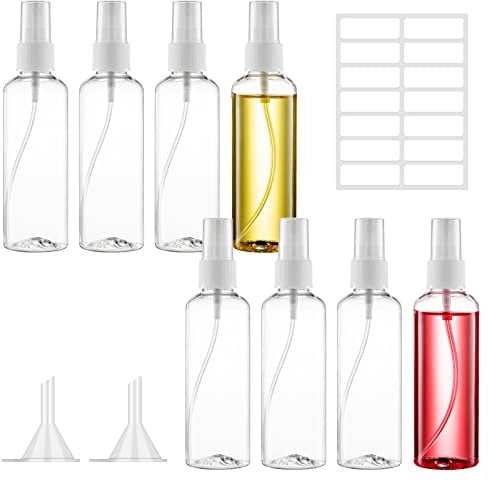 Ysimple 8 Piezas Transparente Botellas Aerosol Vacío Plástico 100ml,Botellas Aerosol Vacío Plástico,Transparente Set de Botella de Spray de Viaje con 2 Embudos y 1 Etiquetas,para Perfumes y Cosméticos