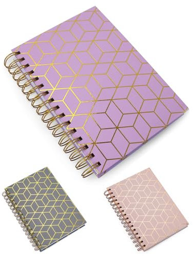 Fashion Stationery A5 Wirobound Notebooks Hardback Lined Note book Notepad Writing Journal in a Grey or Pink Metallic Gold Geometric (Lilac)