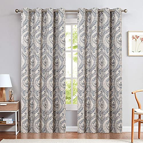 TOPICK Blau Blickdicht Vorhänge Wärmeisoliert Verdunkelungsvorhang mit Ösen Blumen Muster Vintage Leinenoptik Gardine Lichtdicht Thermovorhang für Wohnzimmer Schlafzimmer 2 Stück H245xB130cm