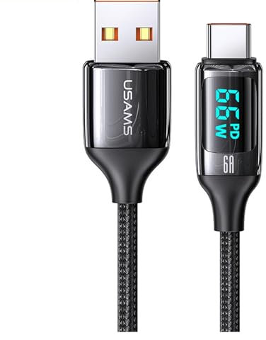 P4Y USB-C US-SJ544 U78 Câble de charge et de données avec affichage numérique, charge rapide 6A, matériau : nylon + aluminium, tressé Smart Layout, 1,2m noir