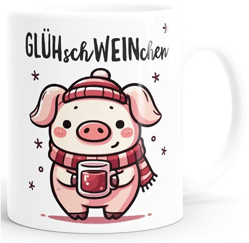 MoonWorks Tasse Glühwein Motiv Glüh-Schweinchen Wortspiel Emaillebecher lustig kleines Geschenk Weihnachten Weiss standard