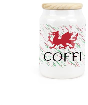 Welsh Dragon Ceramic Coffee Storage Canister - Coffi Wales Souvenir Themed Kitchen Food Storage Container & Wooden Lid 600ml (14.5cm x 9.5cm)