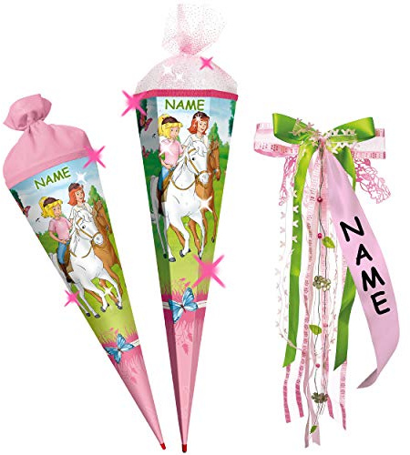 alles-meine.de GmbH mit 3D Effekt - Glitzer ! Schultüte - Bibi Blocksberg & Tina - Pferde - 22-85 cm - Größe wählbar - mit Holzspitze - rund - incl. Name und individueller ..