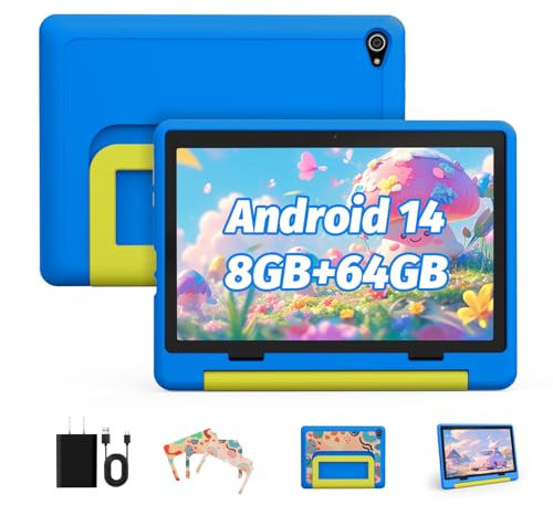 Yicty Kinder Tablet|Upgraded Android 14 Tablet 10 Zoll für Kinder mit Schutzhülle|Octa-Core|8+64GB|Dual Kamera|Kindersicherung|Großes Geschenk für Kleinkind (Blau)