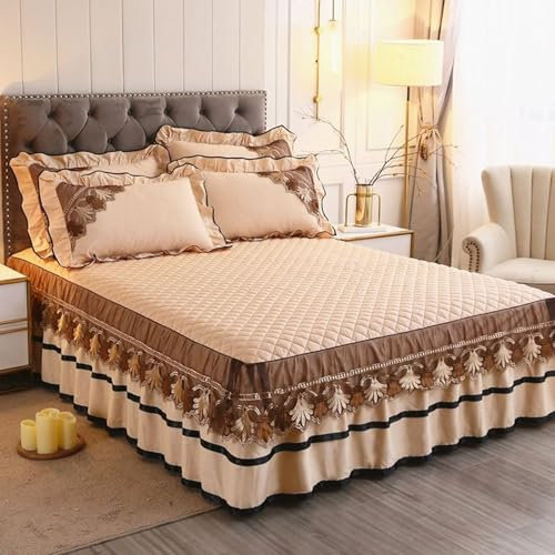 Homxi 3 Pièces Cache Sommier Jupe de Lit Elastique,(200 x 220 cm),Drap Housse Single Couleur Unie avec Dentelle Drap Housse Ete Champagne