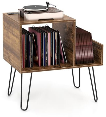 GOPLUS Meuble Vinyle Platine avec Station de Charge, 2 Prises&2USB, Support pour Tourne-disque avec Séparateur Amovible, Étagère Ouverte, Pieds en Métal, pour Salon, Bureau (Brun Rustique)