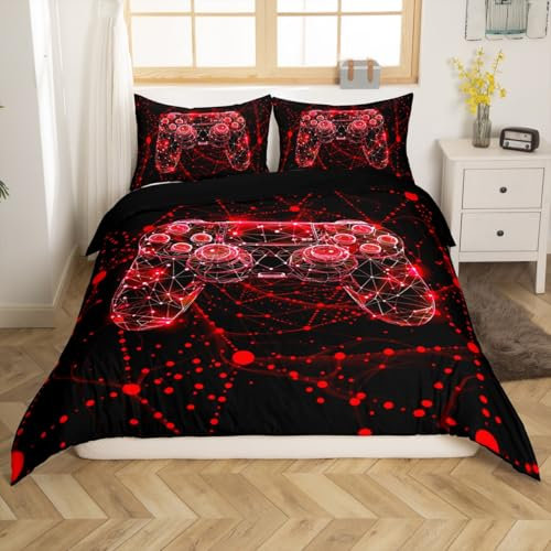 Loussiesd Gaming Gamer Bettwäsche Set 135x200cm Rot Geometric Betten Luxus Beehive Gamepad Bettbezug 3D Streifen Line Drucken Bettwäsche-Set Moderne Kunst