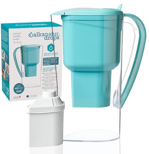 Wasserfilter Kanne 1,4 L Aktivkohlefilter BPA-frei für Leitungswasser | Alkalisches Wasser pH 9 Aktivkohlefilter 2-Stufige Filtration Gegen Kalk Chlor Schwermetalle BPA-Frei 400 Liter