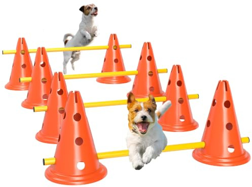 PawHut Dog Agility Equipment Set Four-Piece Adjustable Height, Orange | Portable Pet Jump Training Kit for Eight Cones, Eight Poles with Carry Bag, Jumping Obstacles