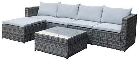 EVRE Miami Grey Rattan Outdoor Garden Furniture Set, Corner Sofa, Glass Coffee Table Foot Stool and Cushions for Patios Conservatories Indoor Seating Dining