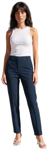Roman Straight Leg Stretch Trousers for Women UK Ladies Work Office Smart Suit Pants Slacks Cigarette Tailored High Elasticated Waist Ankle Grazer Slim Angela - Long Navy (31 inch) - Size 8