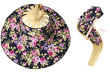 2 in 1 Portable Bamboo Sun Hat for Women, Summer Flower Pattern Hand Fan Foldable Beach Hat for Travel Outdoor
