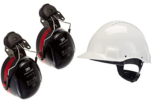3M Peltor Optime III Kapselgehörschützer, 34 dB, schwarz/rot, Helmbefestigung & Schutzhelm G3000, G30NUW, mit 3M Uvicator Sensor, ABS, mit Schweißband und Ratschensystem, belüftet, weiß