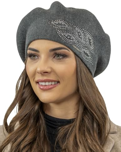 VIVISENCE Baskenmütze Für Damen Winter Herbst Warme Barette Mit Glänzender Zirkonia-Applikation Frauen Elegante Klassischem Stil Perfekte Für Herbst Und Wintertage Modell 7051