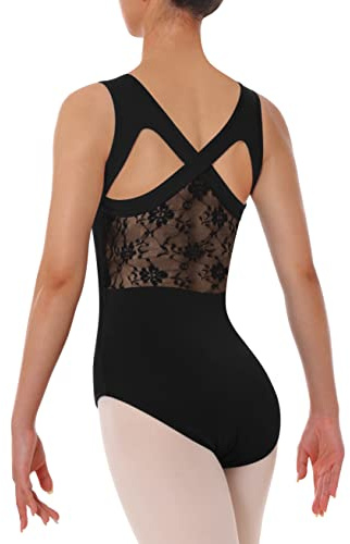 Tegmk Women Lace Leotard for Dance Ballet Tank Crisscross Back, Ballerina Gymnastics Dancewear, A1-black, Small