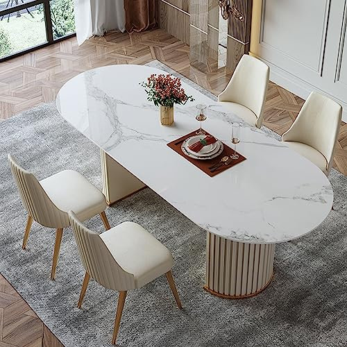 POVISON Essgruppen modern mit 4 Stühlen,esstisch stühle 4 Set,Ovaler esszimmertisch 180cm,Esstisch weiß aus Sinterstein, weiß esszimmerstühle aus PU Leder für 4 Personen(Tisch + 4 Stühle)