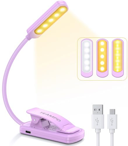 Leselampe Buch Klemme, TEAMPD Buchlampe mit 10 LEDs, 3 Farbtemperatur Modi Dimmbare Helligkeit, Augenschutz Klemmlampe, USB Wiederaufladbare Klemmleuchte, 360° Flexibel für Nachtlesen ins Bett, Reisen