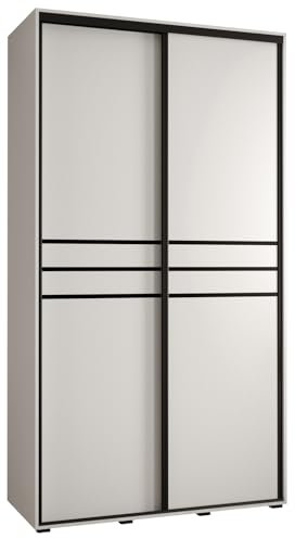 MEBLE KRYSPOL Cannes 10 Moderner Schrank mit 2 Schiebetüren mit Stange, Regale - Aufbewahrungsschrank für Schlafzimmer, Wohnzimmer - 205,2x130x60 cm - Weiß Weiß Schwarz