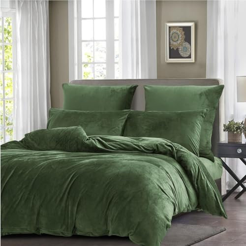 Gezu - Funda nórdica de franela (220 x 240 cm), color verde oscuro e invierno, juego de cama de terciopelo de doble cara, espeso, mullido y cálido, para 2 personas con 2 fundas de almohada de 65 x 65