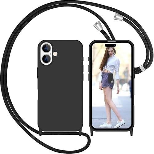 Nupcknn Coque avec Cordon pour iPhone 16, Liquide Silicone Coque Collier Réglable Téléphone Étui Portable Lanyard Case Protection Complète Cover de iPhone 16