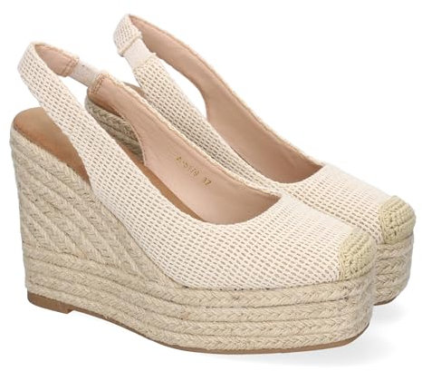 shoes&blues.es 91911 Sandalia de Cuna de Yute para Mujer, Comodas y Elegantes, Diseno de Pala Cerrada con Detalles Bordados y Cierre Elastico, Ideales para Primavera-Verano. Beige Talla 37
