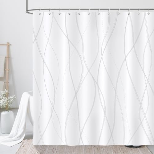 COZZSNUGE Tenda Doccia Strisce Moderne, Tenda da Bagno Bianco Grigio Righe 183 x 183 cm Poliestere Impermeabile Antimuffa con 12 Ganci