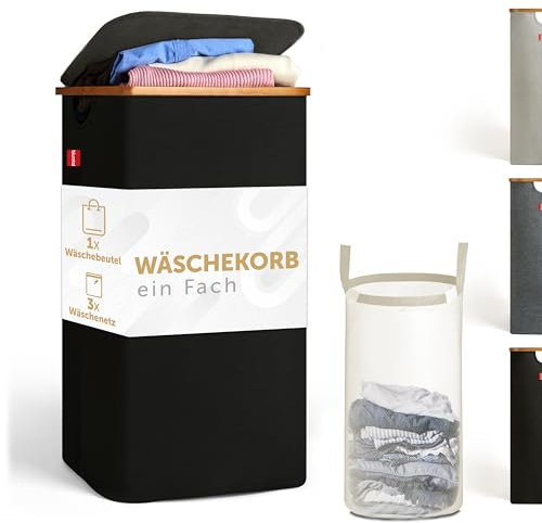 Blumtal Wäschekorb 100L - Wäschesammler mit herausnehmbarem Wäschesack - Wäschekorb schmal - laundry baskets - Pfandflaschensammelbehälter mit Deckel in edlem schwarz - laundry bag