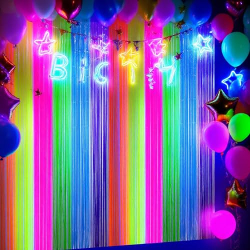 KARLOR Lot de 2 rideaux à lamelles néon - 6 couleurs fluorescentes - Franges en aluminium - Décoration de fête - Toile de fond - Serpentins pour lumière noire, brillante, fête, anniversaire, lumineux