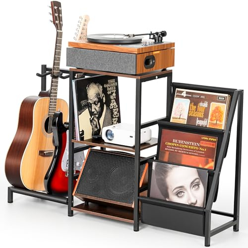 CAHAYA 4-in-1 Gitarrenständer Schallplattenständer – Vinyl Regal für 200 LPs mit Gitarrenhalter für 2 Gitarren – Plattenspieler Aufbewahrung für E-Gitarre Akustikgitarre Bass