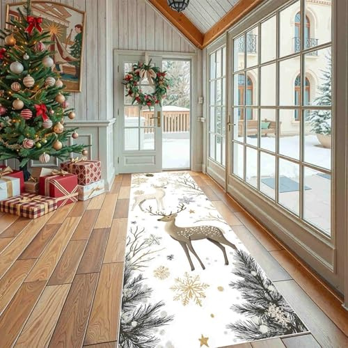 Dppyuxa Waldtiere REH Flurteppich Läufer Weihnachten Schnee rutschfest | und Waschbar, Teppich Lang für Flur und Küche Natur Landschaft Zweige Küchenteppich Teppich Maschinenwaschbar
