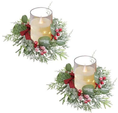 2 Stück Weihnachtskerzen Ringe, Weihnachten Kerzen Ringe Künstlicher Roten Beeren Kränze Kerzenständer Weihnachtskerzenringe Kerzenhalter, Adventskranz Kerzenständer für Weihnachten Tisch Deko (A)