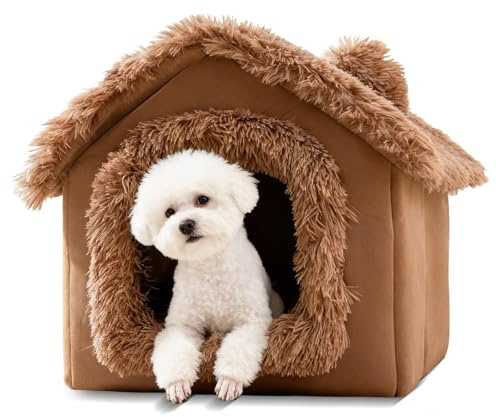 PETCUTE Katzenhaus,Gemütliche Hundehöhle Indoor,Faltbares Hundehaus mit Abnehmbarem Kissen,rutschfest,Warmes Waschbares Katzennest für Haustiere, Welpen, Kätzchen, Kaninchen,Braun,L